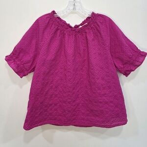 LOFT Raspberry Eyelet Ruffle Top Blouse Women's Large Pink Cotton Short Sleeve